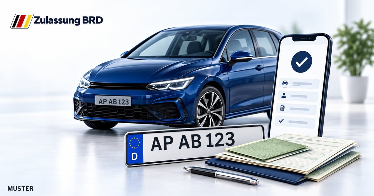 Online Fahrzeugzulassung in Apolda: Musterkennzeichen AP AB 123, Auto und Fahrzeugpapiere und Smartphone. Illustration mit Logo von Zulassung BRD.